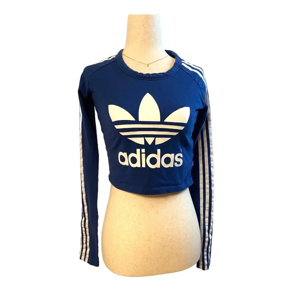 Adidas Women's Original Paris Crop Tee Size Small Long-Sleeve in Oxford Blue - Picture 3 of 9
